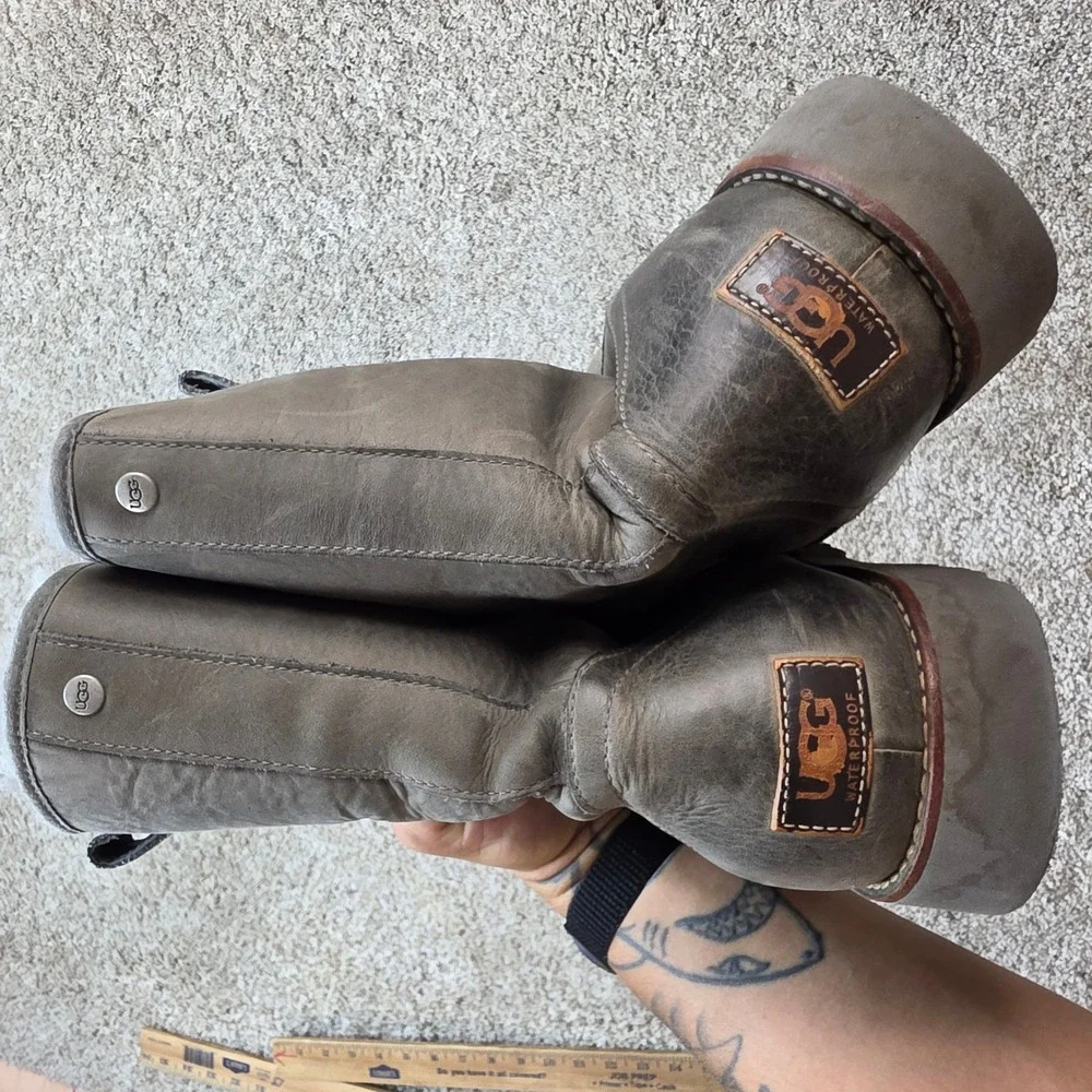 UGG Hannen Men 12 Waterproof Gray Leather Sheepskin Vibram Pull On Boots 1001594
